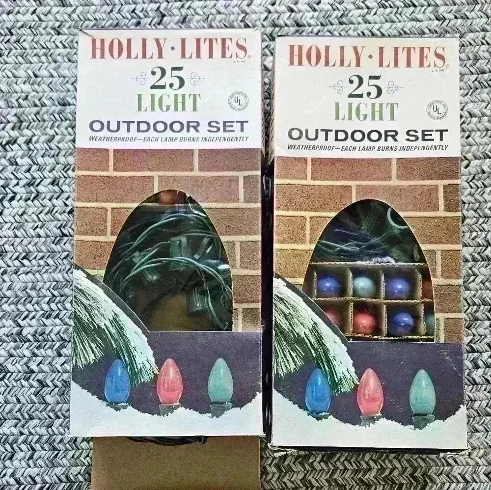 Holly Lites 2 boxes of‎ 25 Light Outdoor Light Set Glass Multicolored bulbs Vtg